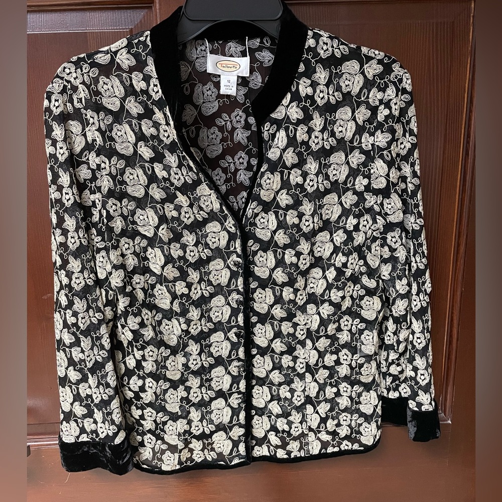 Talbots Shirt Jacket Sheer Floral Button Front Black 3/4 Sleeve Top Size 12